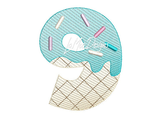 Sketch Design Ice Cream Waffle Cone 9th Birthday Number Embroidery