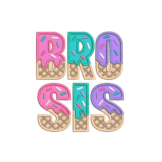 BRO and SIS Ice Cream Waffle Cone Embroidery Satin Stitch Applique Design