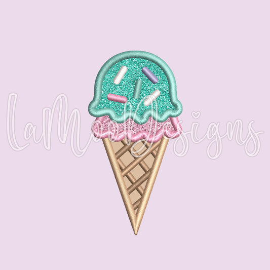 Two Scoops Ice Cream Cone Embroidery Satin Stitch Applique Design