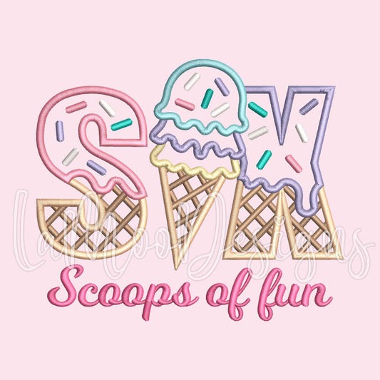 SIX Scoops of Fun Ice Cream Waffle Cone Embroidery Satin Stitch Applique Design