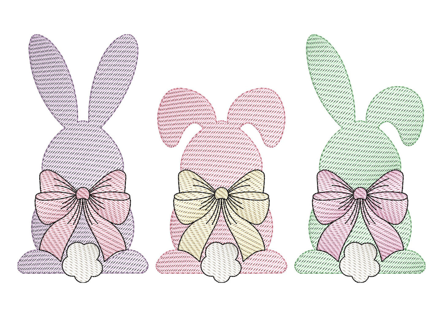 Easter Bunny Trio with Bow Embroidery Sketch Design