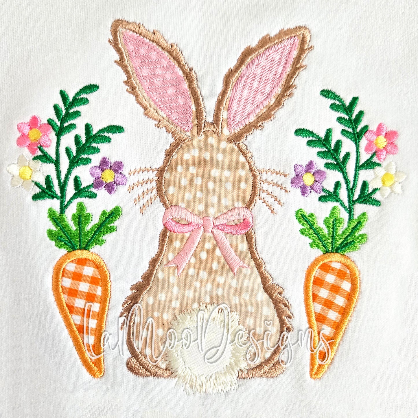 Easter Bunny Satin Stitch Applique Embroidery Design with Flowers, Carrots, and Bow