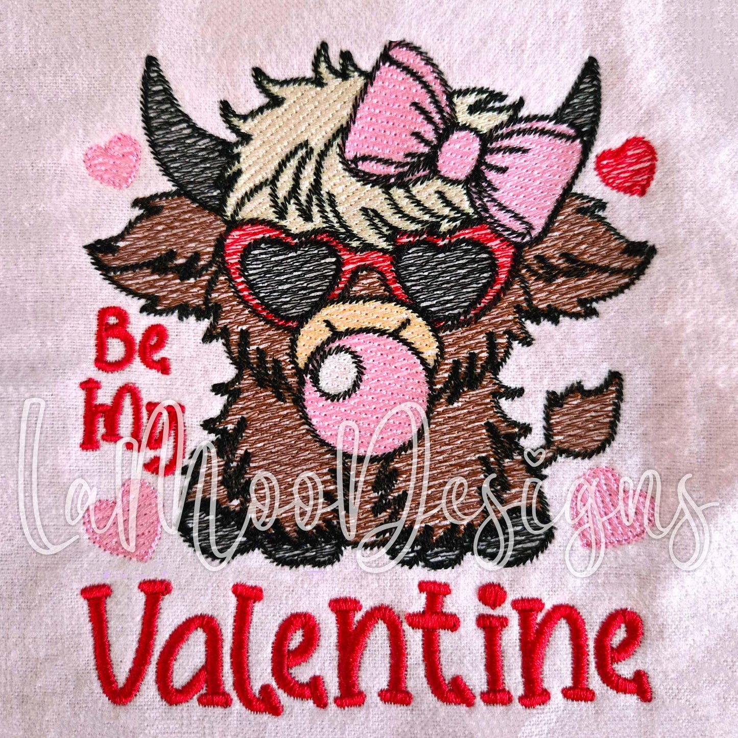 Valentine Highland Cow Embroidery Sketch Design with Bubblegum
