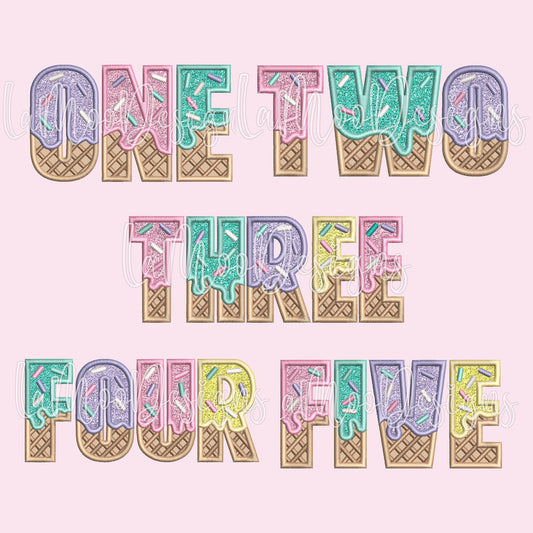 ONE through FIVE Ice Cream Waffle Cone Birthday Embroidery Satin Stitch Applique Design