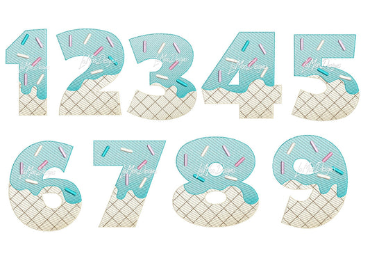 Ice Cream Waffle Cone 1st- 9th Birthday Number Embroidery Sketch Design