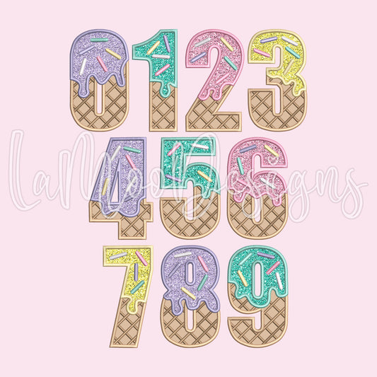 0-9 Ice Cream Waffle Cone Birthday Numbers Embroidery Satin Stitch Applique Design