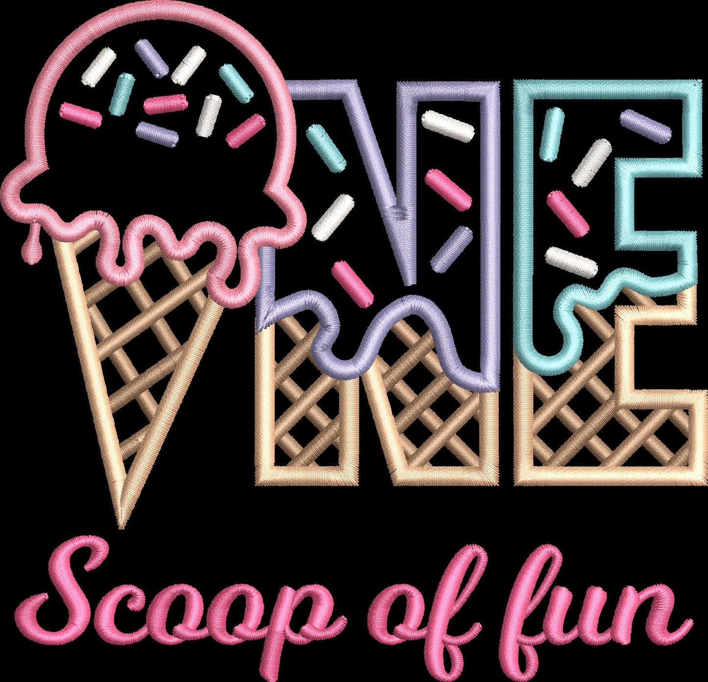 ONE Scoop of Fun Ice Cream Waffle Cone Birthday Embroidery Satin Stitch Applique Design