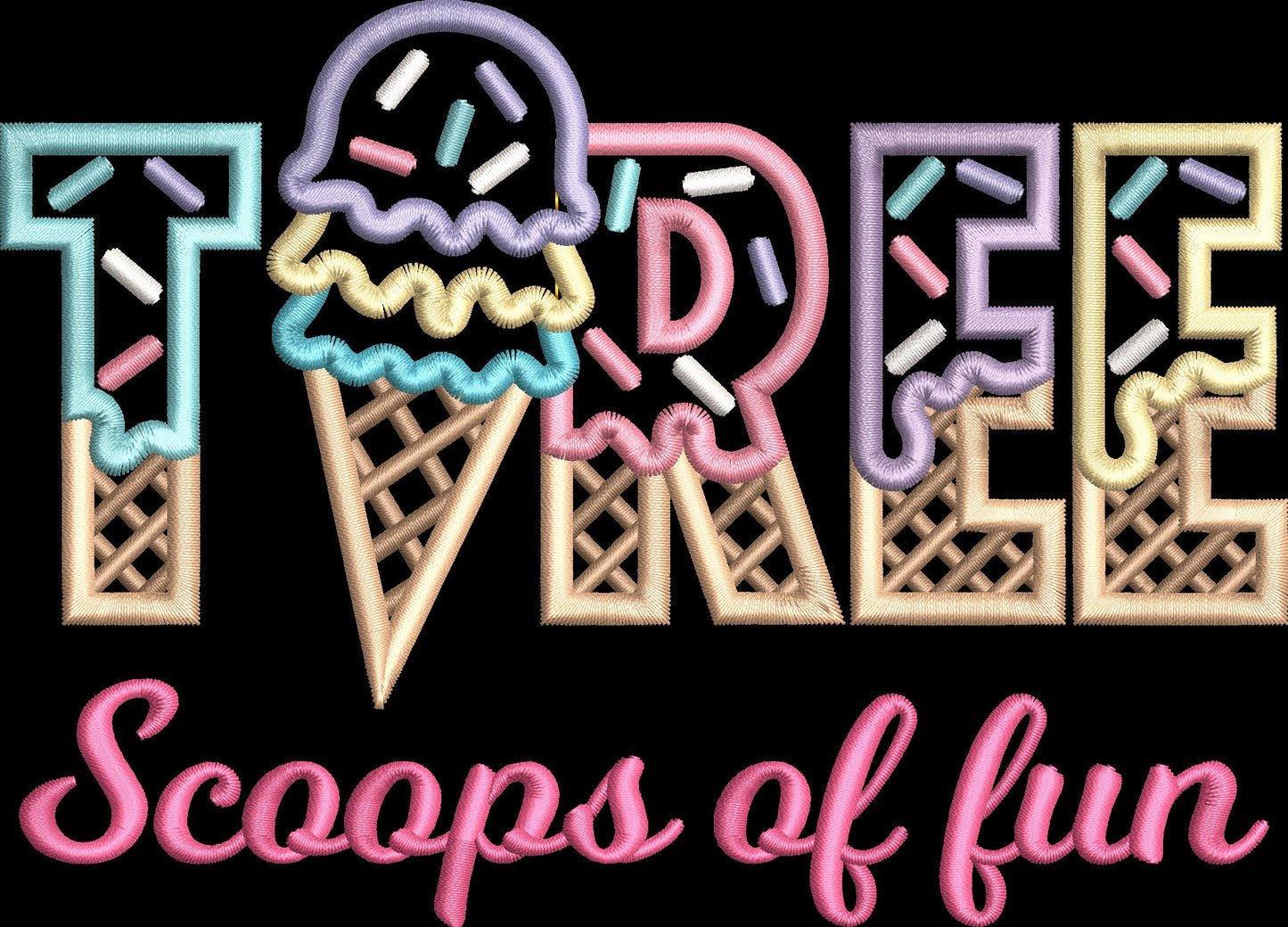 THREE Scoops of Fun Ice Cream Waffle Cone Birthday Embroidery Satin Stitch Applique Design
