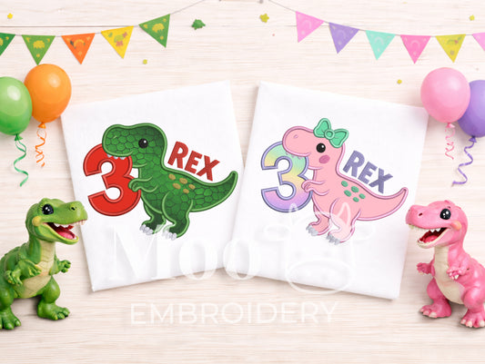 Boy and Girl Set 3rd Birthday Embroidery Design: T-Rex 3-REX Satin Stitch Applique Design