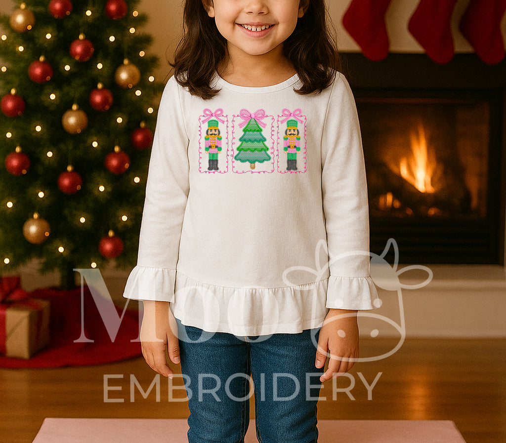 Sketch Nutcracker and Christmas Tree Embroidery Design with Bows and Frames