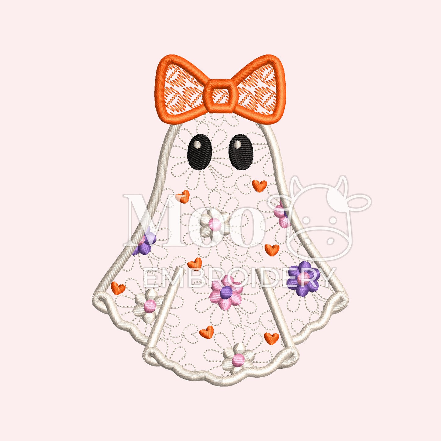 Cute Floral "Lace" Halloween Ghost with Bow Embroidery Design