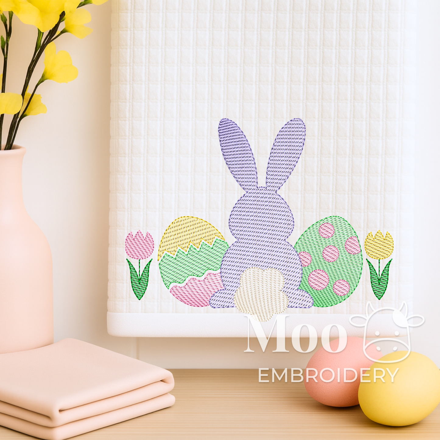 Easter Bunny with Eggs and Tulips Sketch Design Embroidery