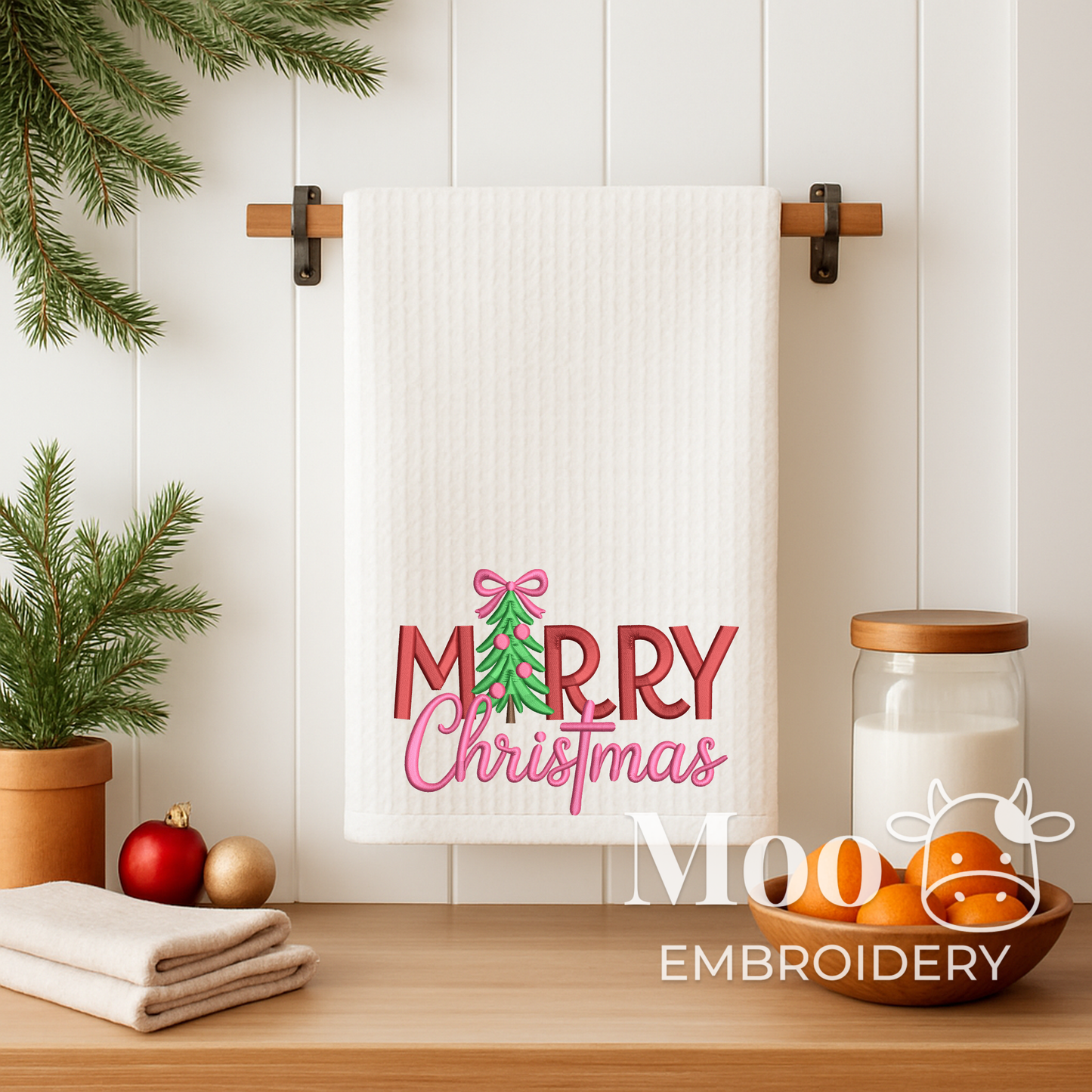 Merry Christmas Tree Embroidery Design with Girly Bow – Machine Embroidery File (Digital Download)