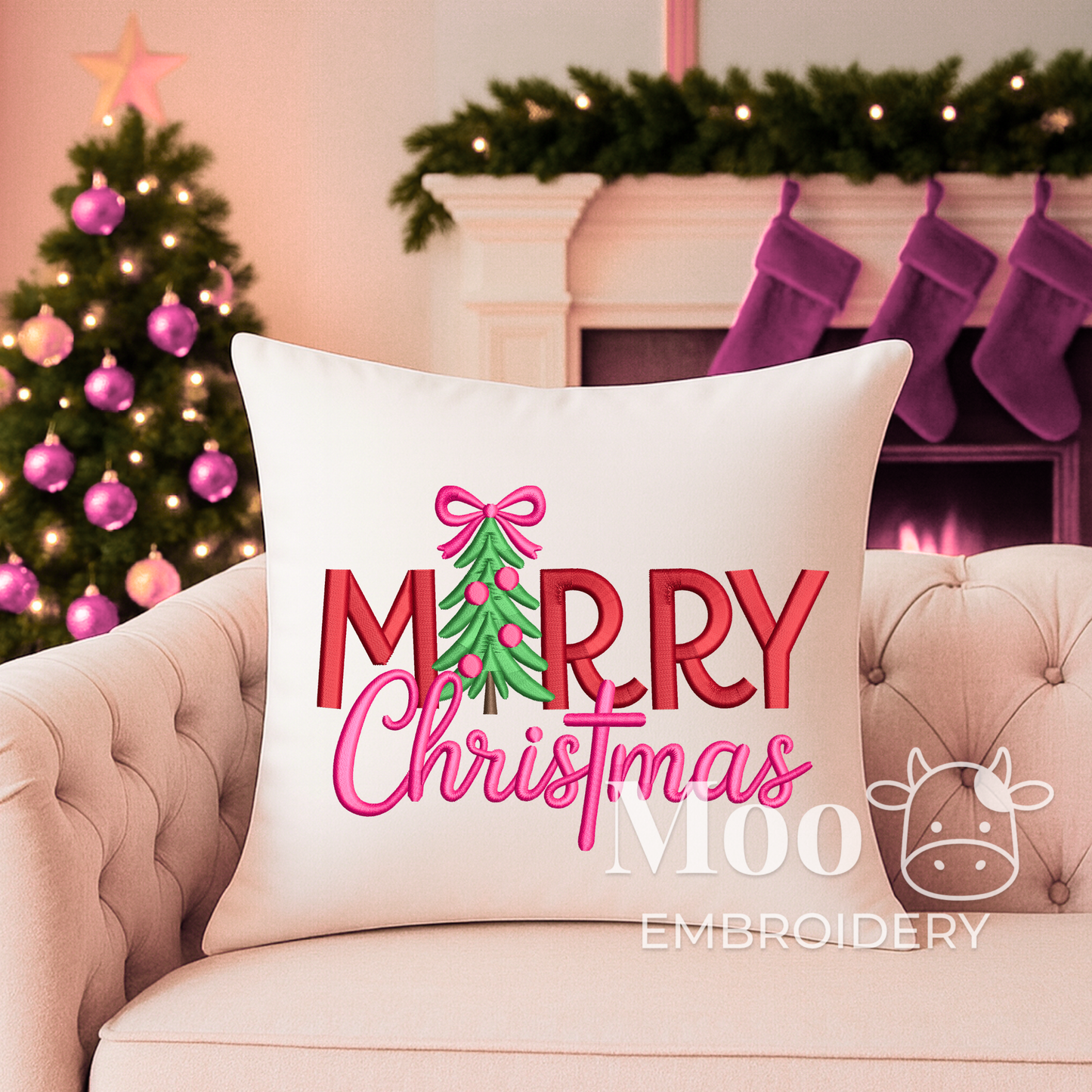 Merry Christmas Tree Embroidery Design with Girly Bow – Machine Embroidery File (Digital Download)