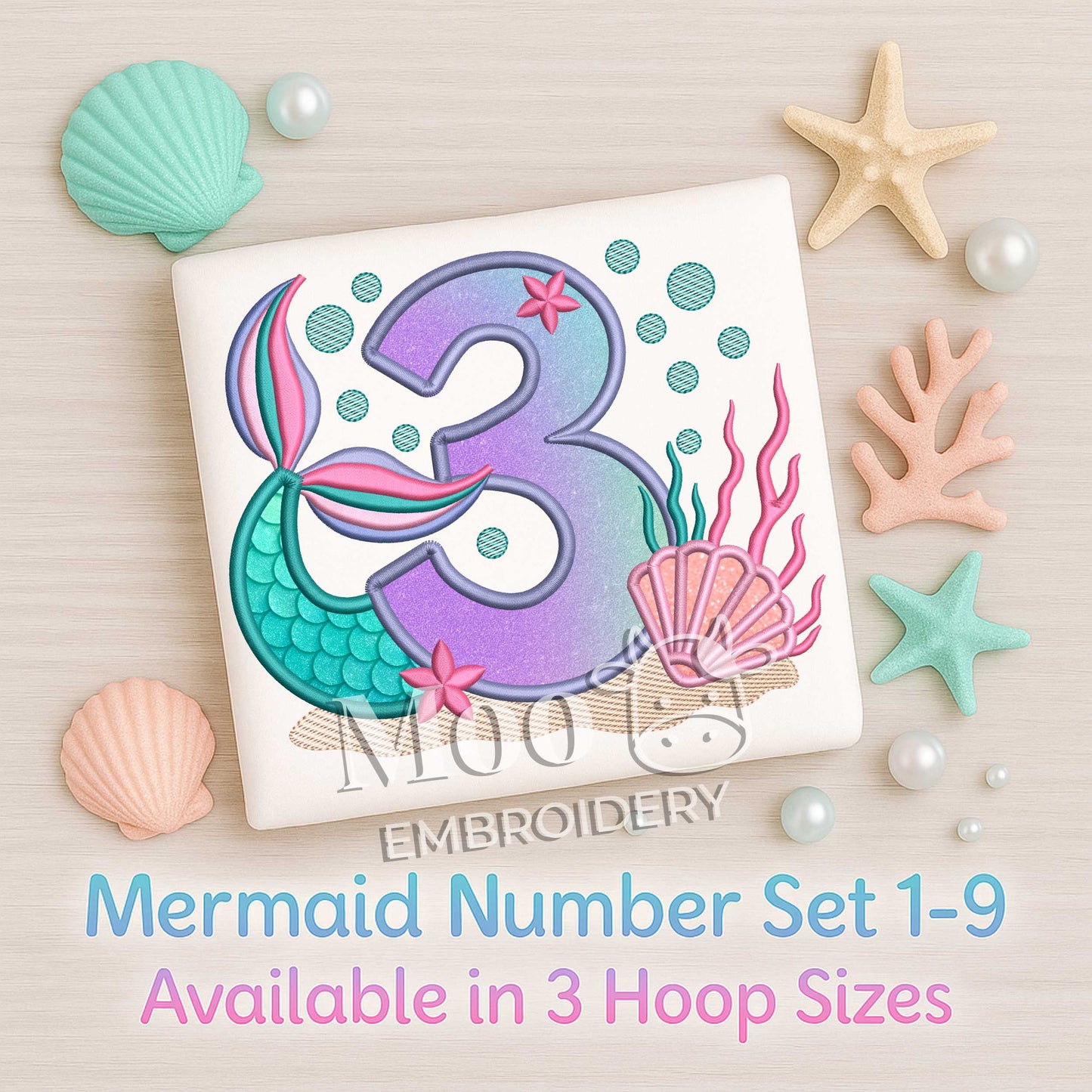 Mermaid Number Applique Digital Embroidery Design Set | Mermaid Tail Birthday Satin Stitch Applique Design Numbers 1–9 5x7 6x10 8x8 (Digital Download)