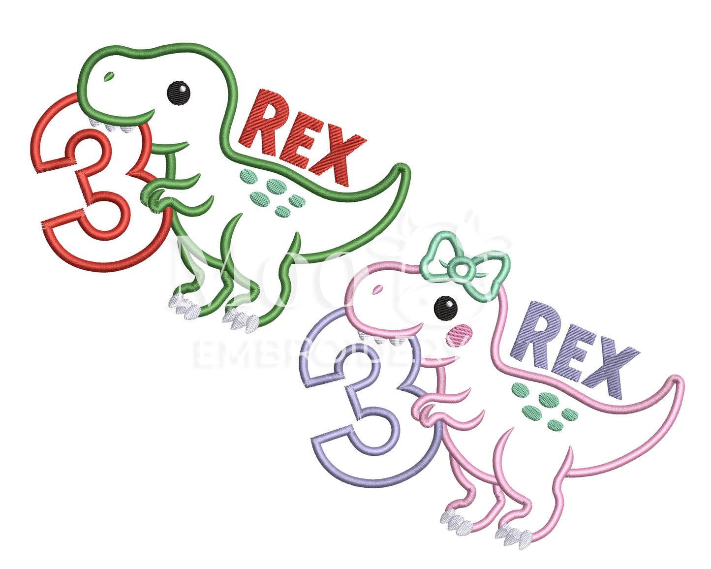Boy and Girl Set 3rd Birthday Embroidery Design: T-Rex 3-REX Satin Stitch Applique Design
