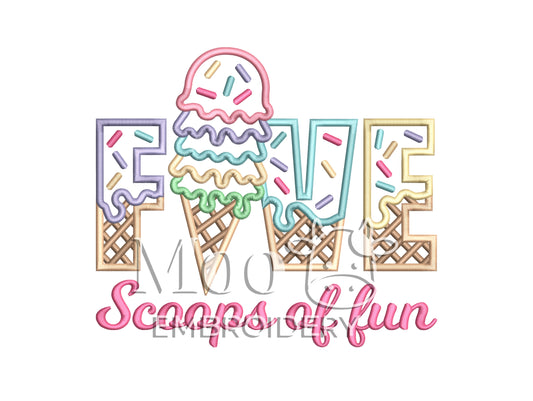 FIVE Scoops of Fun Ice Cream Waffle Cone Birthday Embroidery Satin Stitch Applique Design (Copy)