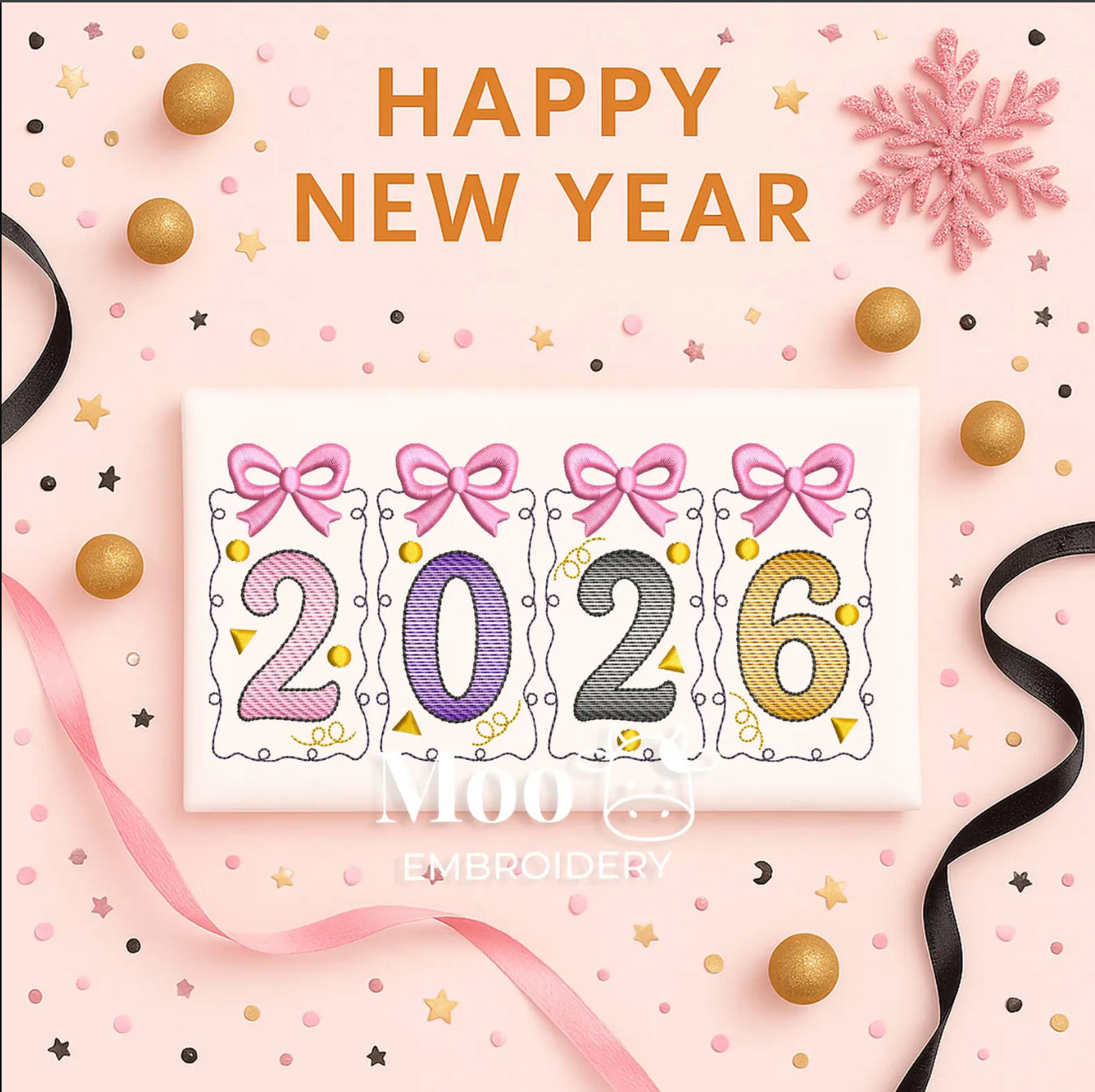 2026 New Year Embroidery Design Sketch Fill Frames with Bows