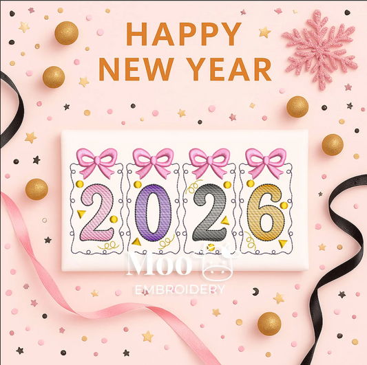 2026 New Year Embroidery Design Sketch Fill Frames with Bows