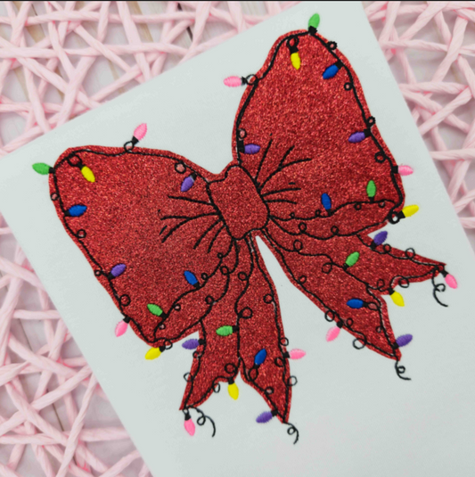 Christmas Bow with Lights Embroidery Bean Stitch Applique Design 5 Sizes