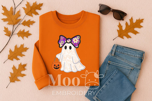 Girly Ghost with Bow and Pumpkin Applique Embroidery Design