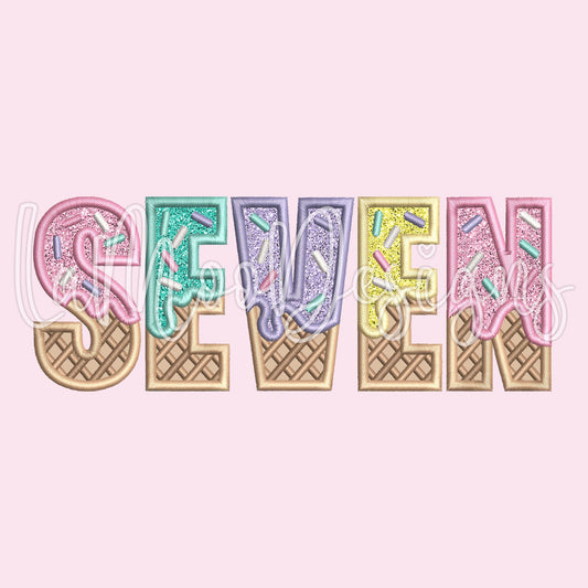 SEVEN - Ice Cream Waffle Cone Birthday Embroidery Satin Stitch Applique Design