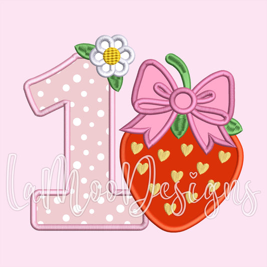 Strawberry 1st Birthday Satin Stitch Applique Embroidery Design