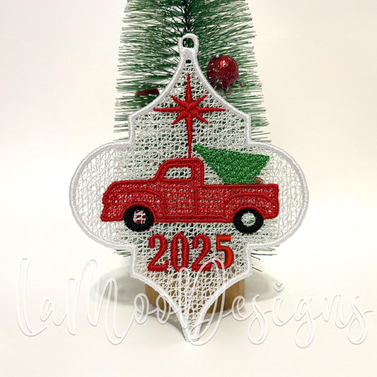 2025 Freestanding Lace Vintage Red Truck Arabesque Ornament Embroidery Design - Christmas Embroidery Design