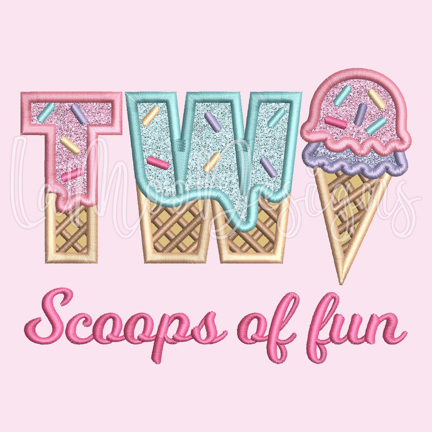 TWO Scoops of Fun Ice Cream Waffle Cone Birthday Embroidery Satin Stitch Applique Design
