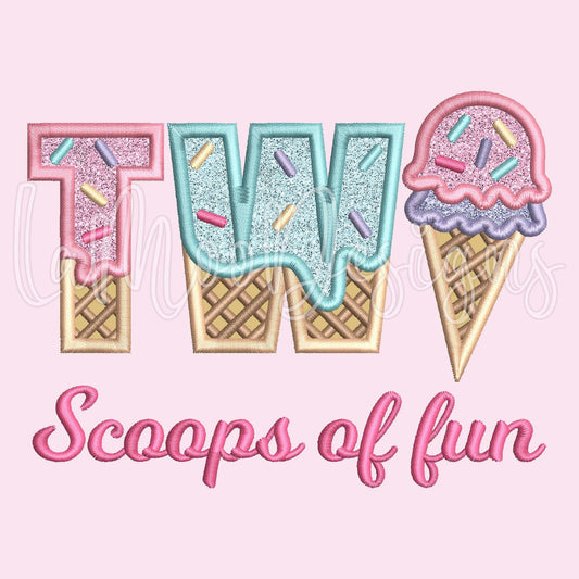 TWO Scoops of Fun Ice Cream Waffle Cone Birthday Embroidery Satin Stitch Applique Design