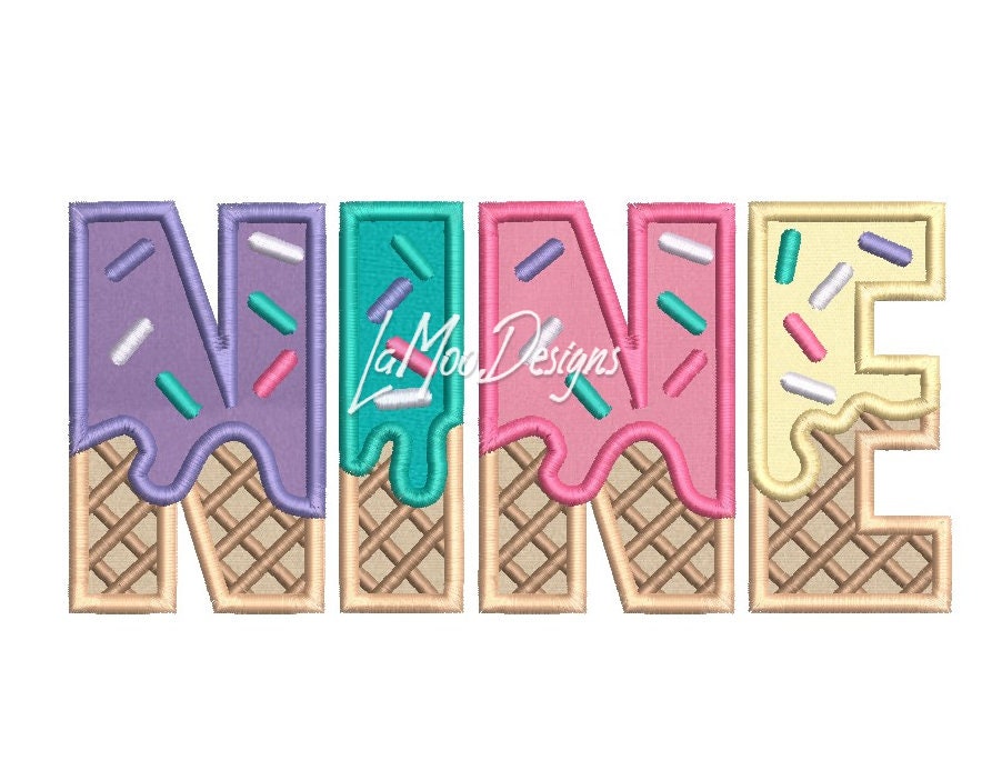 SIX through TEN Ice Cream Waffle Cone Birthday Embroidery Satin Stitch Applique Design