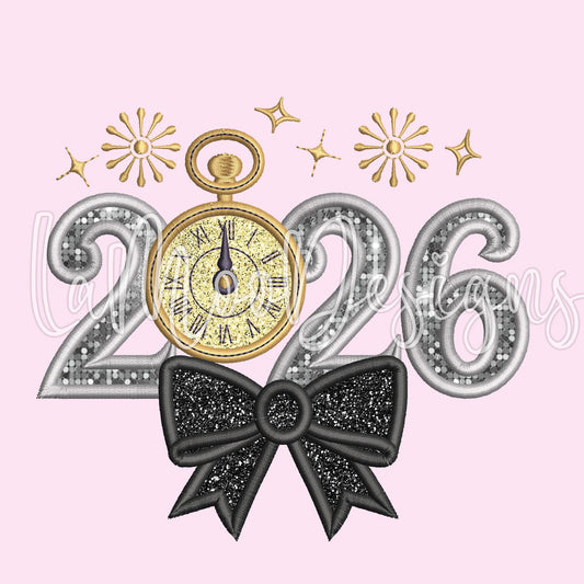 New Year 2026 with Bow Satin Stitch Applique Embroidery Design