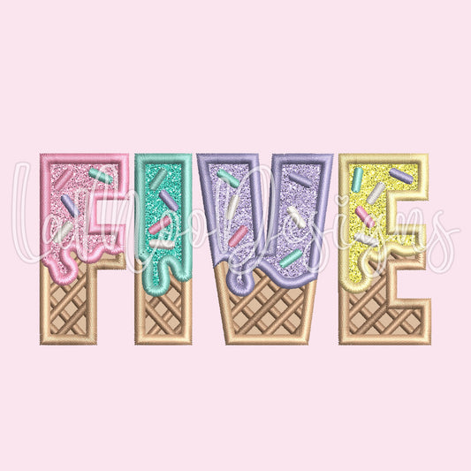FIVE - Ice Cream Waffle Cone 5th Birthday Embroidery Satin Stitch Applique Design
