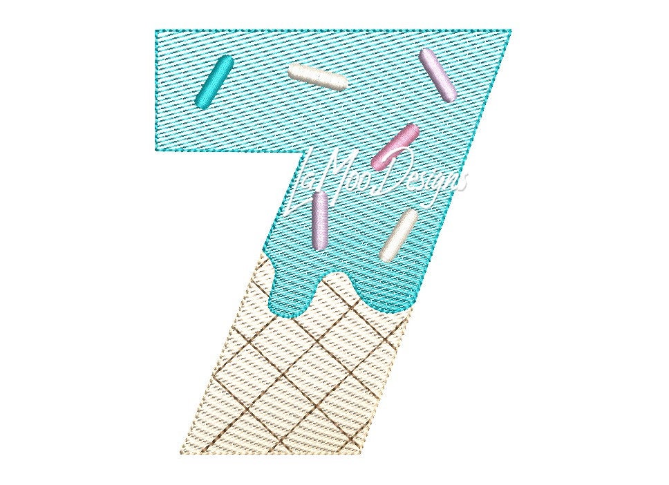Ice Cream Waffle Cone 1st- 9th Birthday Number Embroidery Sketch Design