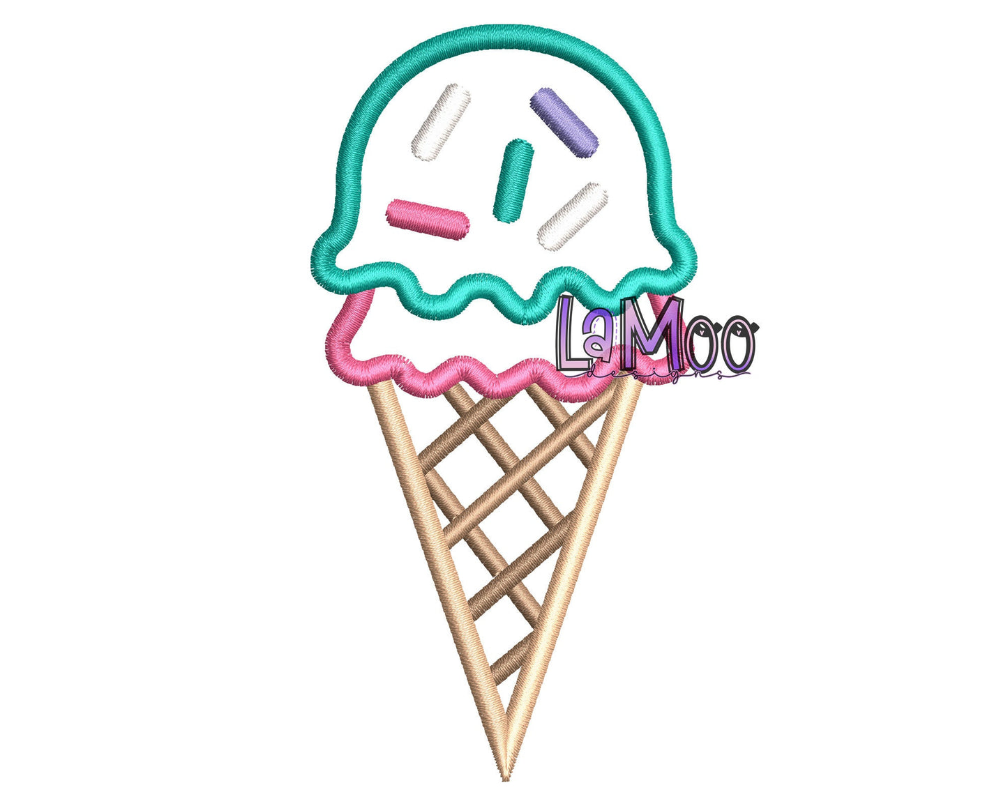 Two Scoops Ice Cream Cone Embroidery Satin Stitch Applique Design