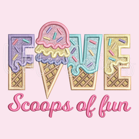 FIVE Scoops of Fun Ice Cream Waffle Cone Birthday Embroidery Satin Stitch Applique Design