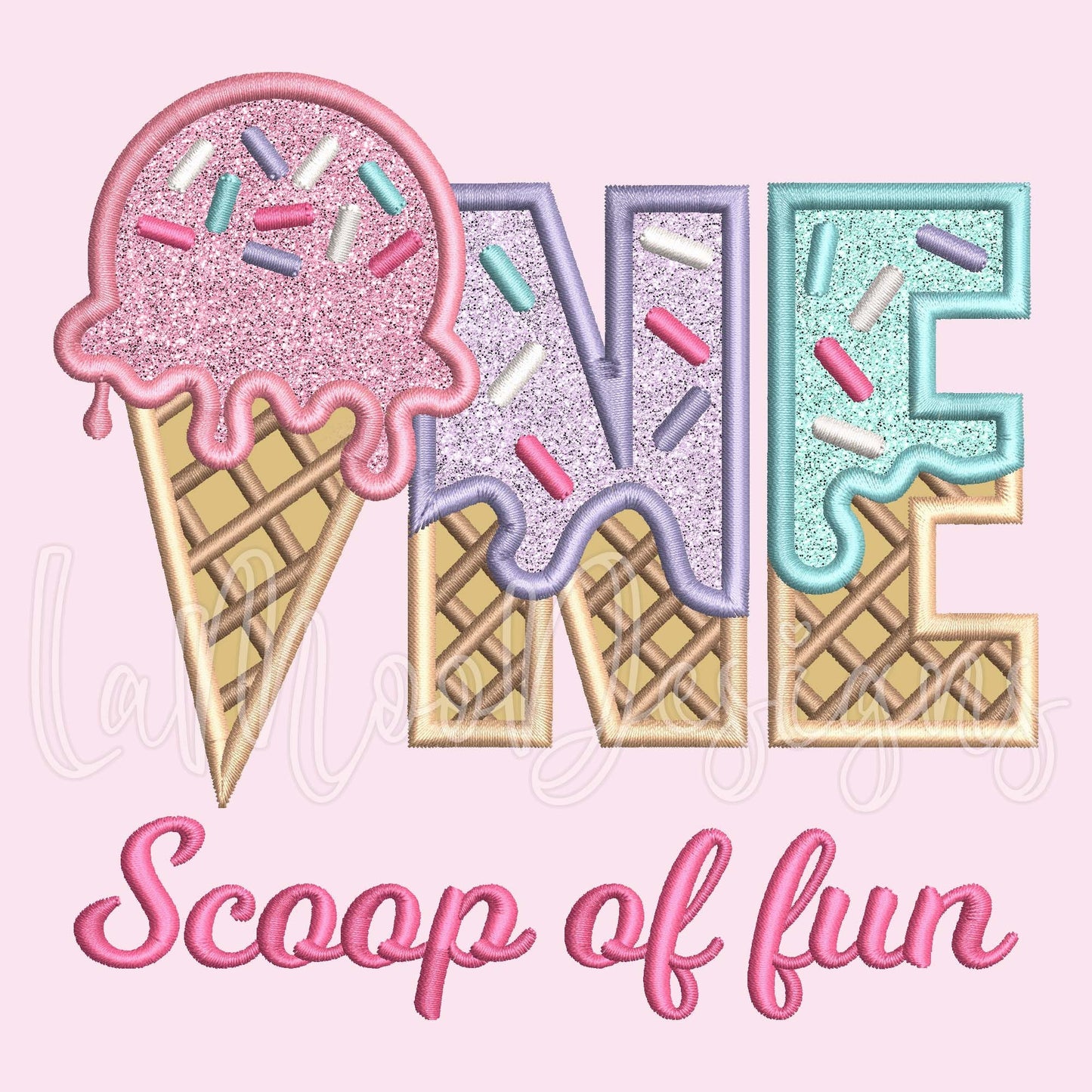 ONE Scoop of Fun Ice Cream Waffle Cone Birthday Embroidery Satin Stitch Applique Design