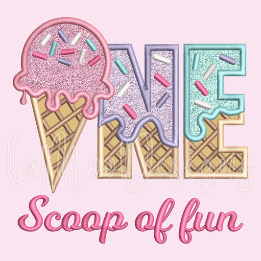 ONE Scoop of Fun Ice Cream Waffle Cone Birthday Embroidery Satin Stitch Applique Design