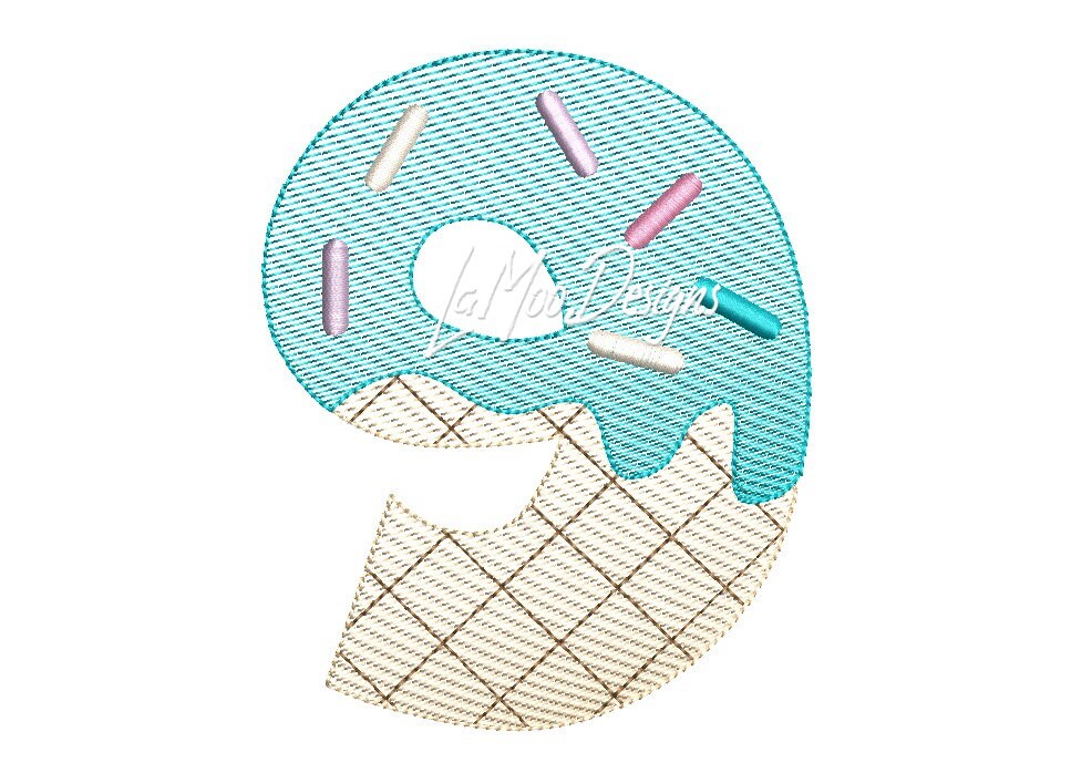 Ice Cream Waffle Cone 1st- 9th Birthday Number Embroidery Sketch Design