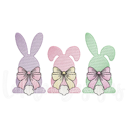 Easter Bunny Trio with Bow Embroidery Sketch Design