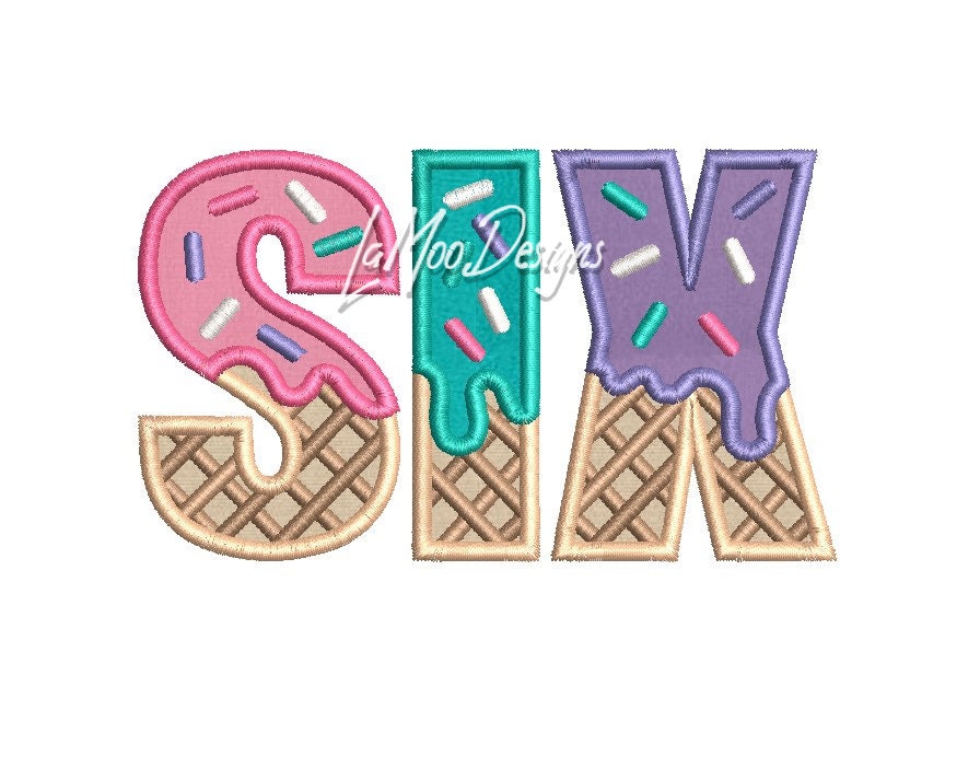 SIX - Ice Cream Waffle Cone Birthday Embroidery Satin Stitch Applique Design