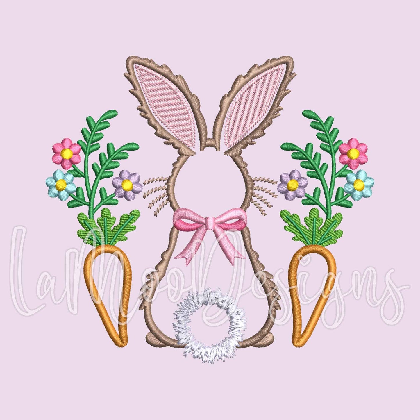 Easter Bunny Satin Stitch Applique Embroidery Design with Flowers, Carrots, and Bow
