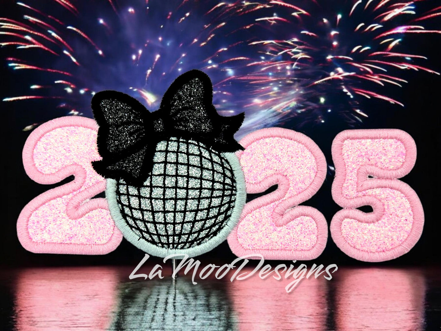 New Year 2026 Ball with Bow Satin Stitch Applique Design