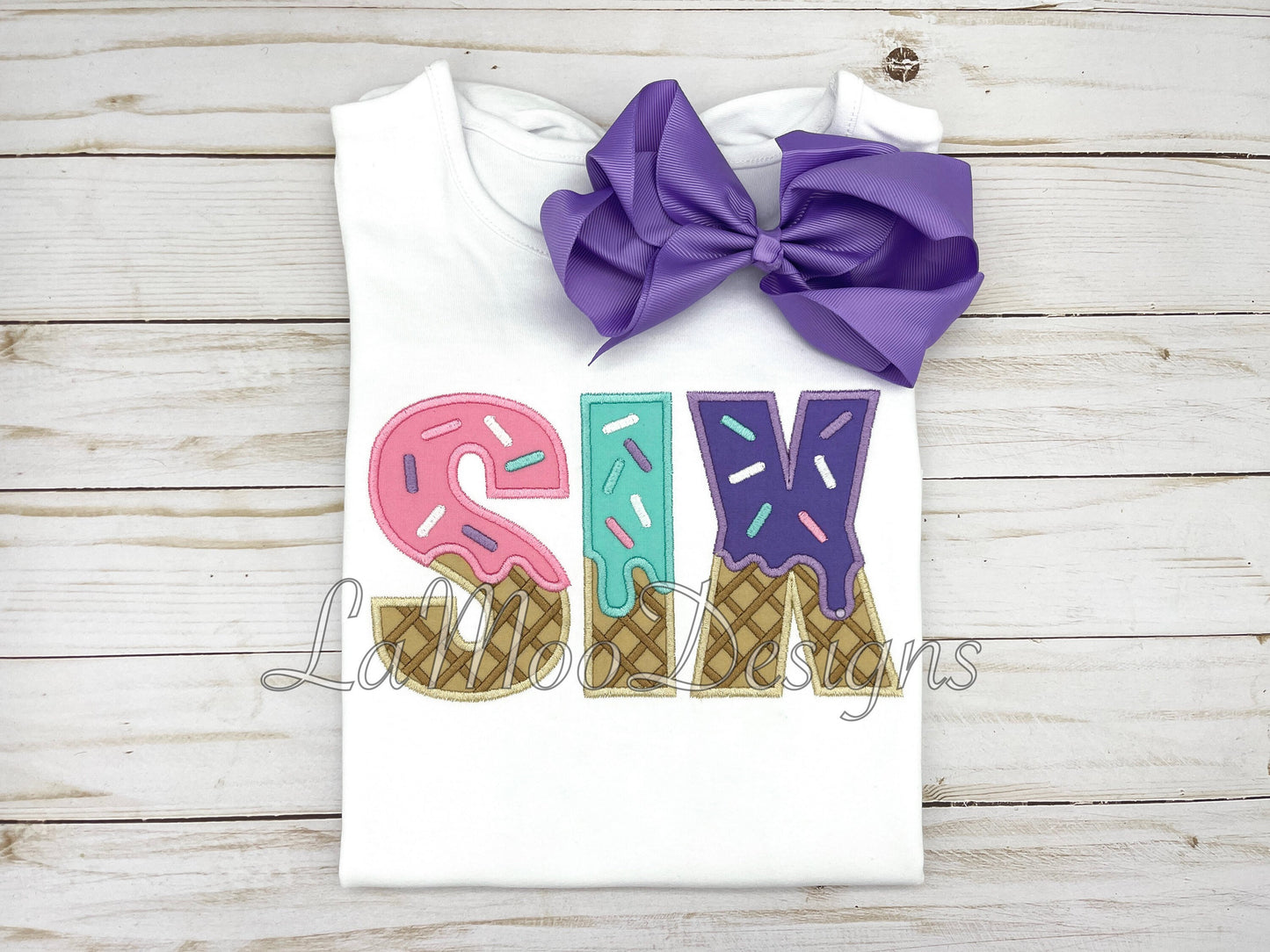 SIX - Ice Cream Waffle Cone Birthday Embroidery Satin Stitch Applique Design