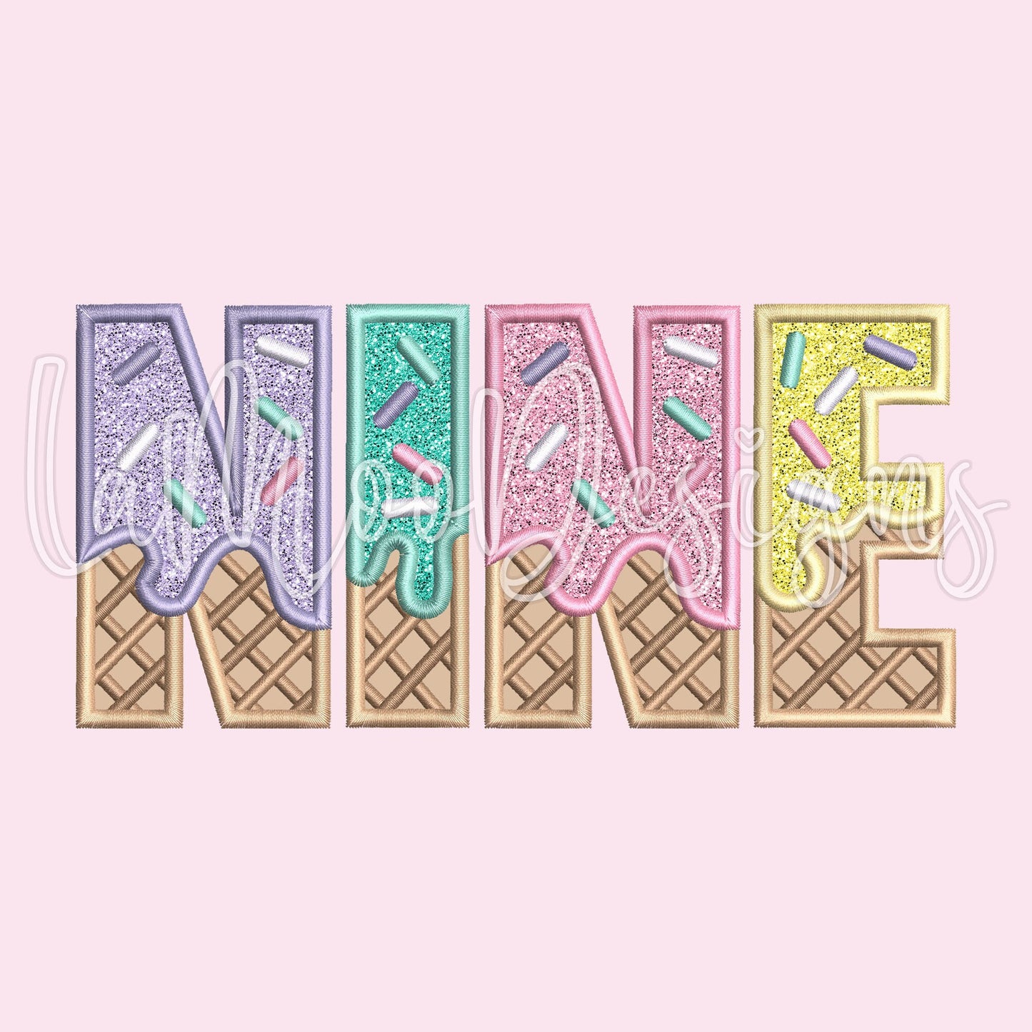 NINE - Ice Cream Waffle Cone Birthday Embroidery Satin Stitch Applique Design