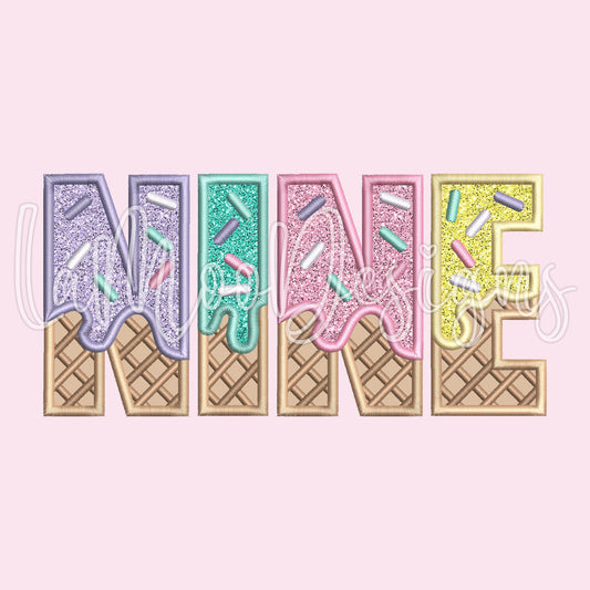 NINE - Ice Cream Waffle Cone Birthday Embroidery Satin Stitch Applique Design