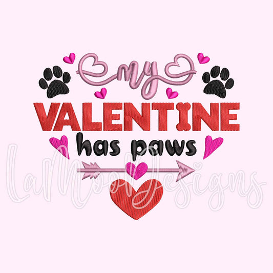 My Valentine Has Paws Embroidery Design - Filled Stitch Design