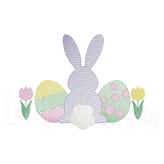 Easter Bunny with Eggs and Tulips Sketch Design Embroidery