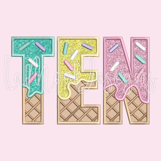 TEN - Ice Cream Waffle Cone Birthday Embroidery Satin Stitch Applique Design