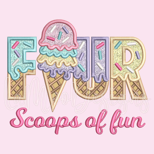 FOUR Scoops of Fun Ice Cream Waffle Cone Embroidery Satin Stitch Applique Design